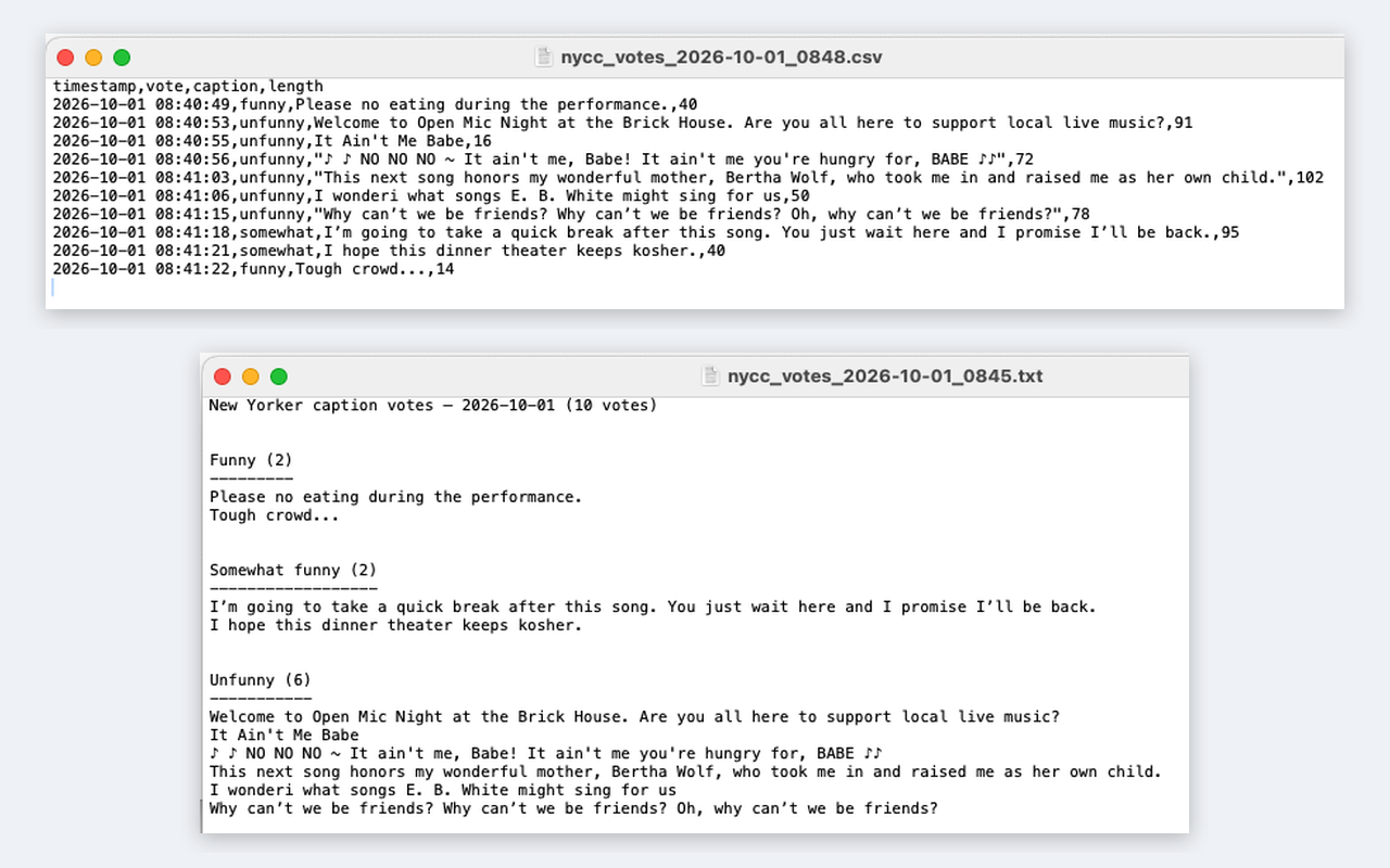 Two downloaded files: a CSV with timestamp, vote, caption, and length columns, and a text file listing captions grouped under Funny, Somewhat funny, and Unfunny.