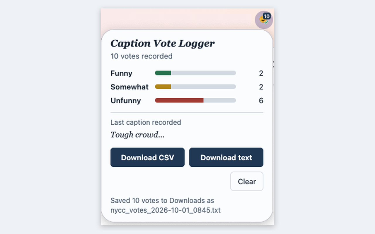 The Caption Vote Logger popup showing 10 votes recorded: 2 Funny, 2 Somewhat, 6 Unfunny, the last caption recorded, and Download CSV, Download text, and Clear buttons.